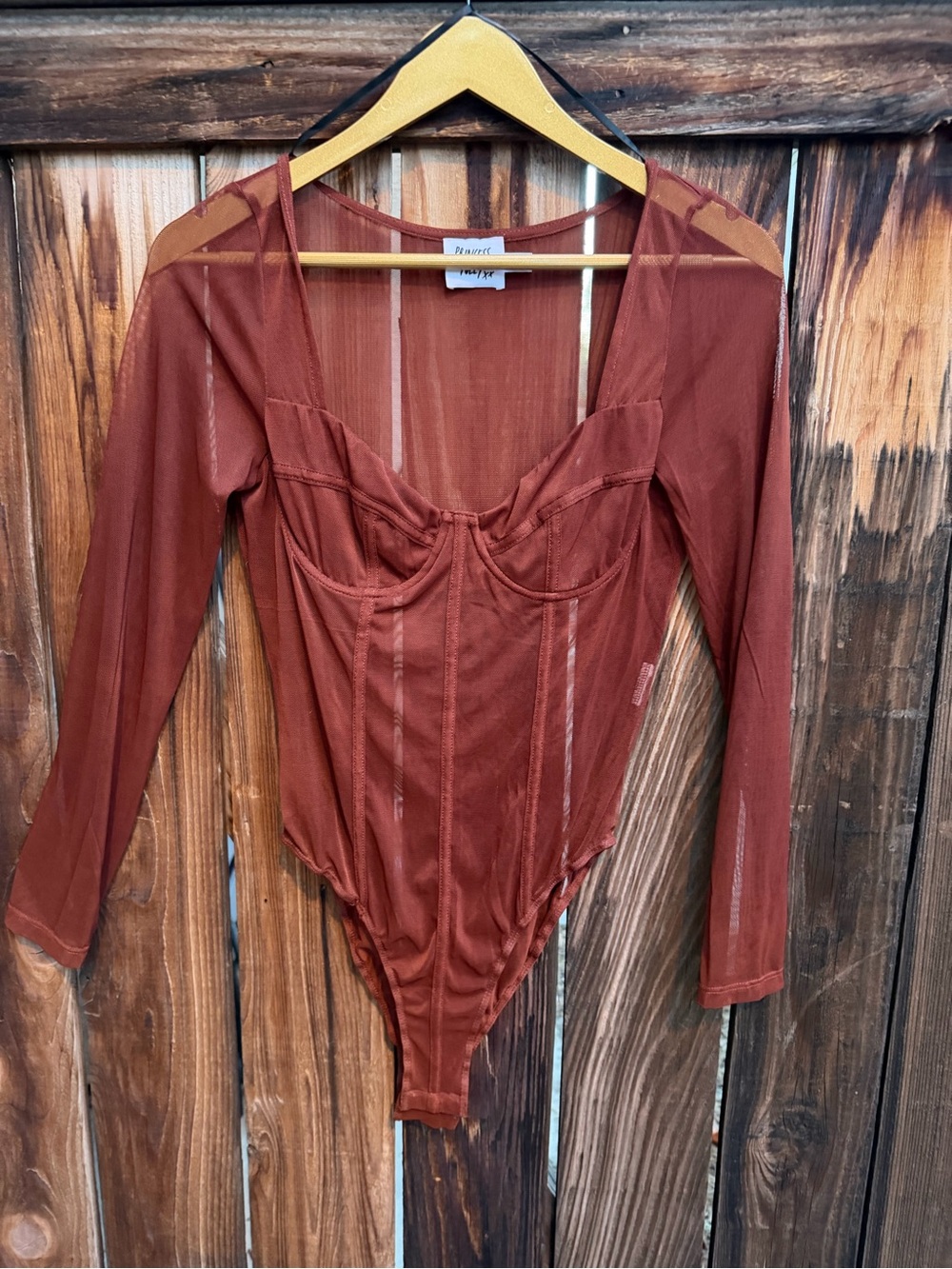 Princess Polly Rust Brown Sheer Mesh Corset Long Sleeve Bodysuit